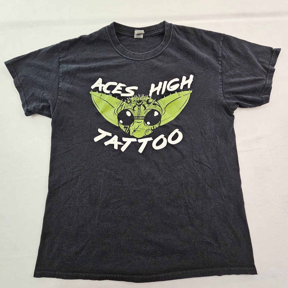 Aces High Tattoo South Florida Black Short Sleeve Cotton T-Shirt Men's L